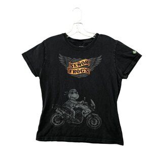 Senior Frogs T Shirt Womens L Black Fitted Short Sleeve Motorcycle Graphic
